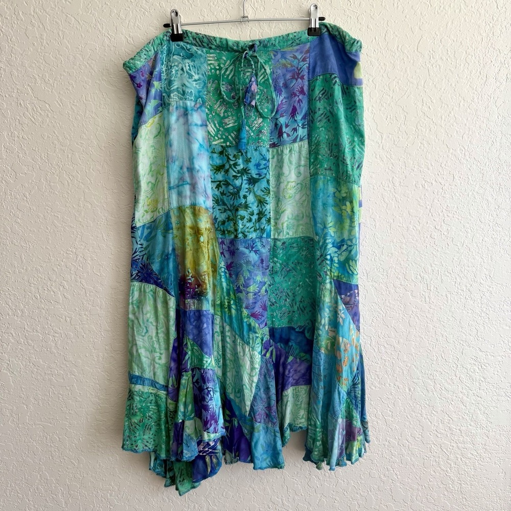 Handmade Patchwork Skirt Hippie Boho Tropical Asymmetrical Drawstring *flaws*